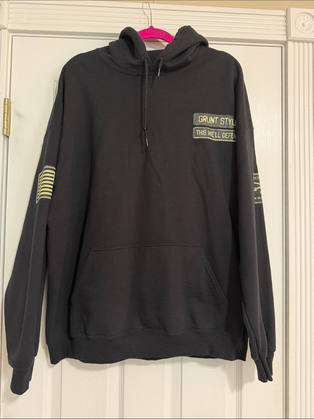 Grunt Style Black Pullover Hoodie with Olive Patch Accents